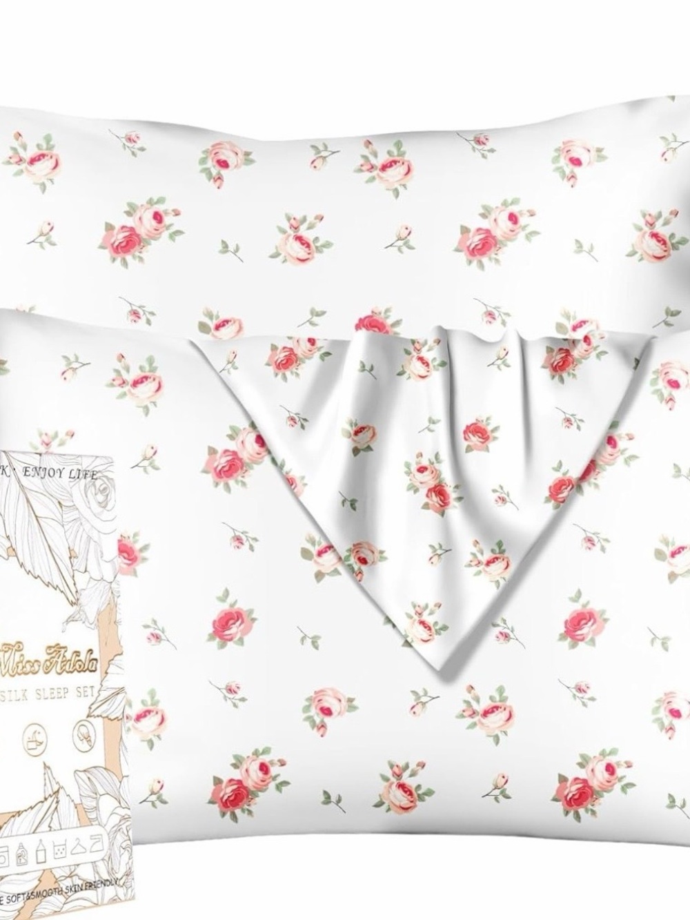 Floral Rose Print Silk Pillowcase - White and Pink